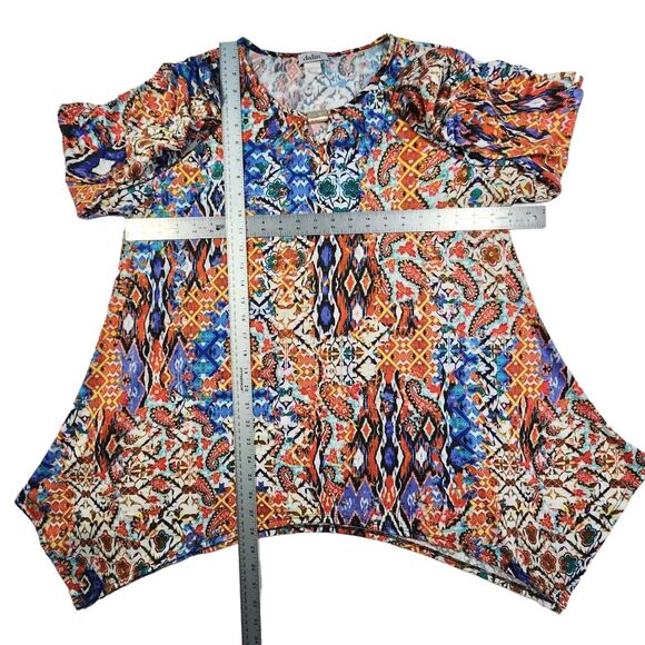 Dalin Womens Top 2X Keyhole Geo Graphic Print Ruched Sleeves Boho Artsy Stretch - Picture 9 of 10